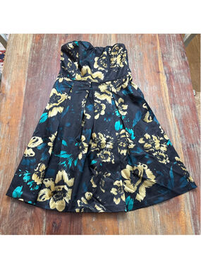 Guess Y2K Strapless Dress Juniors 7 Black Gold Floral